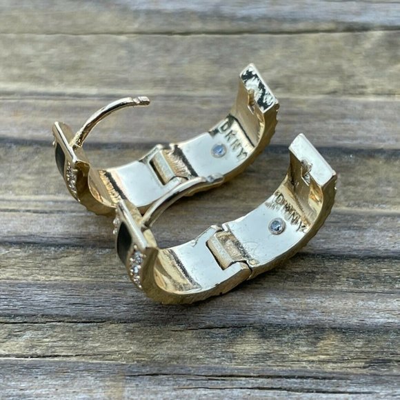 DKNY Women Earrings GoldBlack Tone Crystal Accent Hinge Ladies Ear Jewelry New - Picture 10 of 12